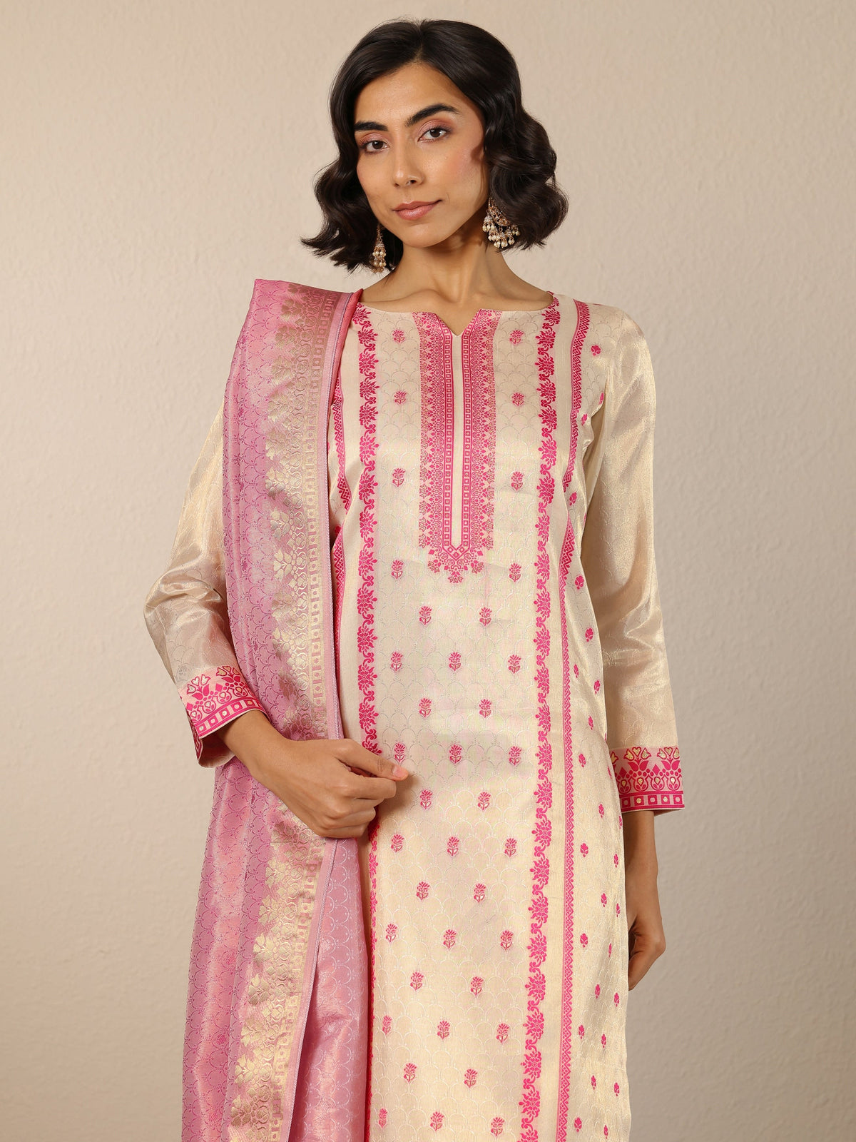Libas Off White Woven Design Silk Blend Straight Suit Set With Dupatta