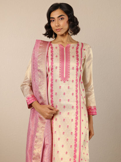 Libas Off White Woven Design Silk Blend Straight Suit Set With Dupatta