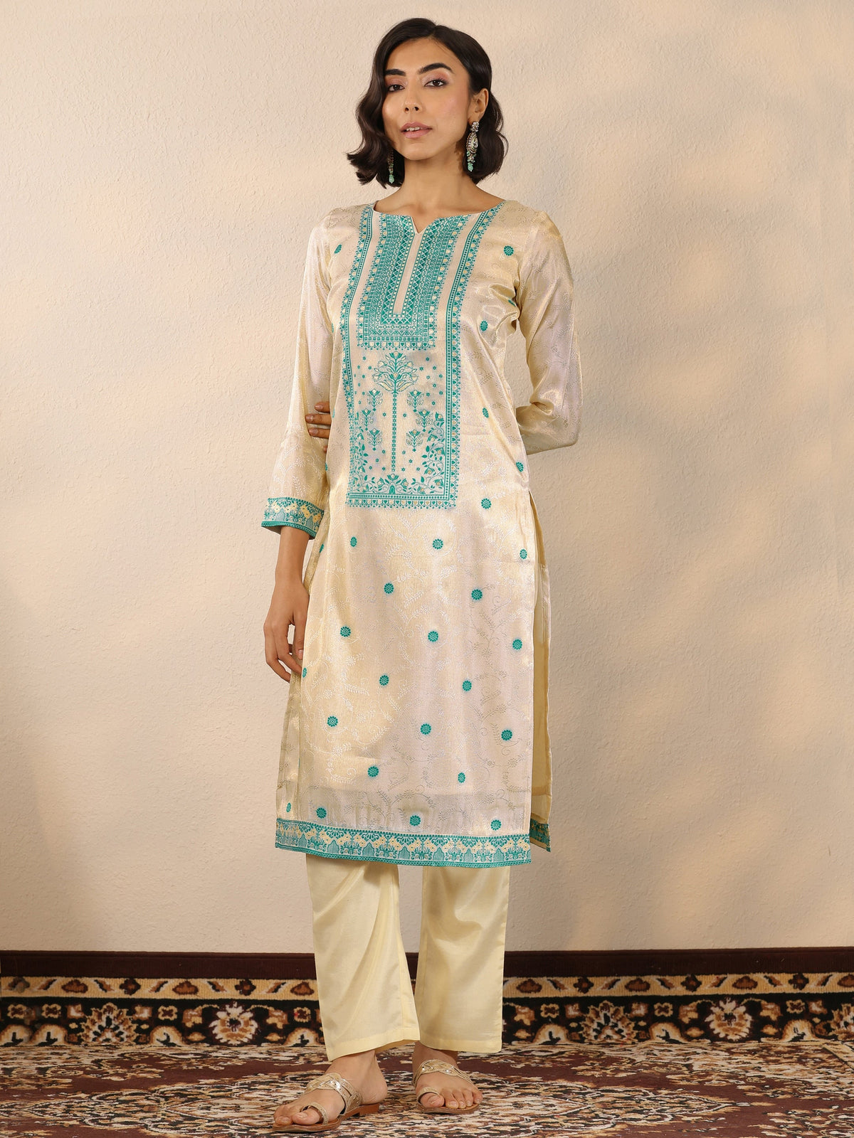 Libas Off White Woven Design Silk Blend Straight Suit Set With Dupatta