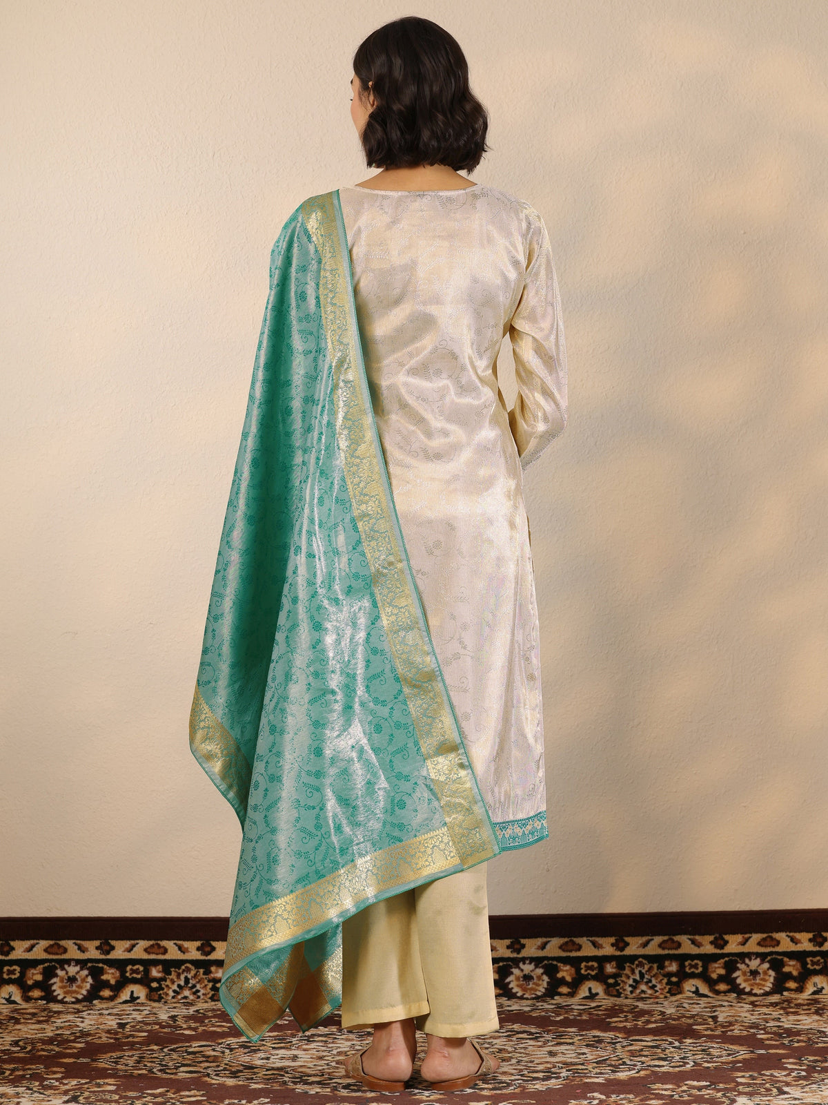 Libas Off White Woven Design Silk Blend Straight Suit Set With Dupatta