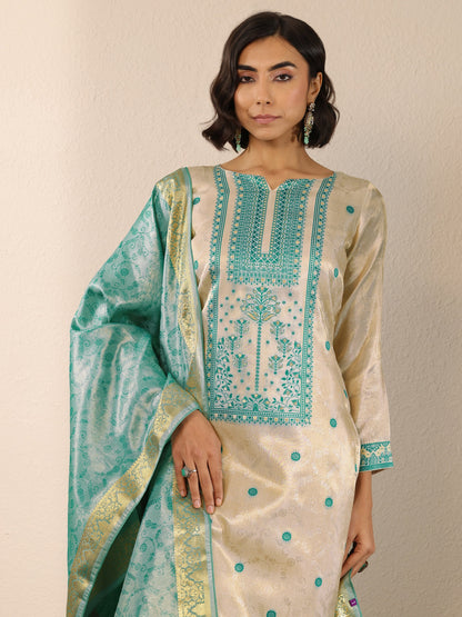 Libas Off White Woven Design Silk Blend Straight Suit Set With Dupatta