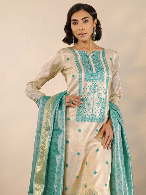 Libas Off White Woven Design Silk Blend Straight Suit Set With Dupatta