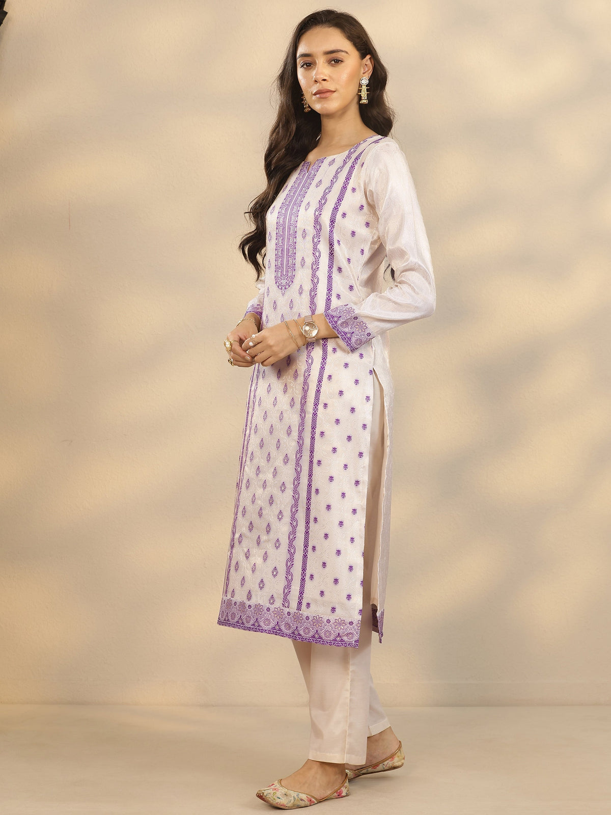 Libas Off White Woven Design Silk Blend Straight Suit Set With Dupatta