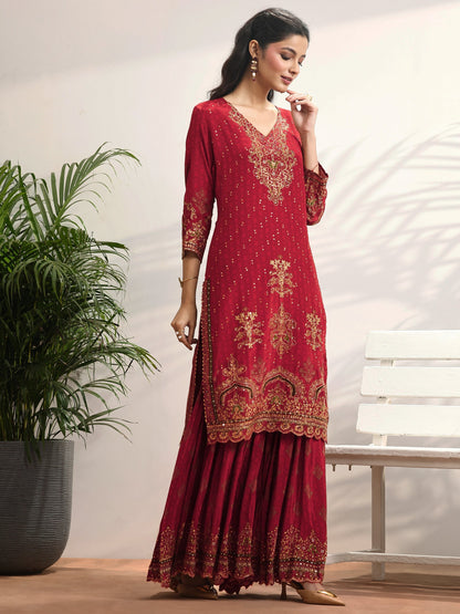 Libas Art Red Embellished Crepe Suit Set With Dupatta