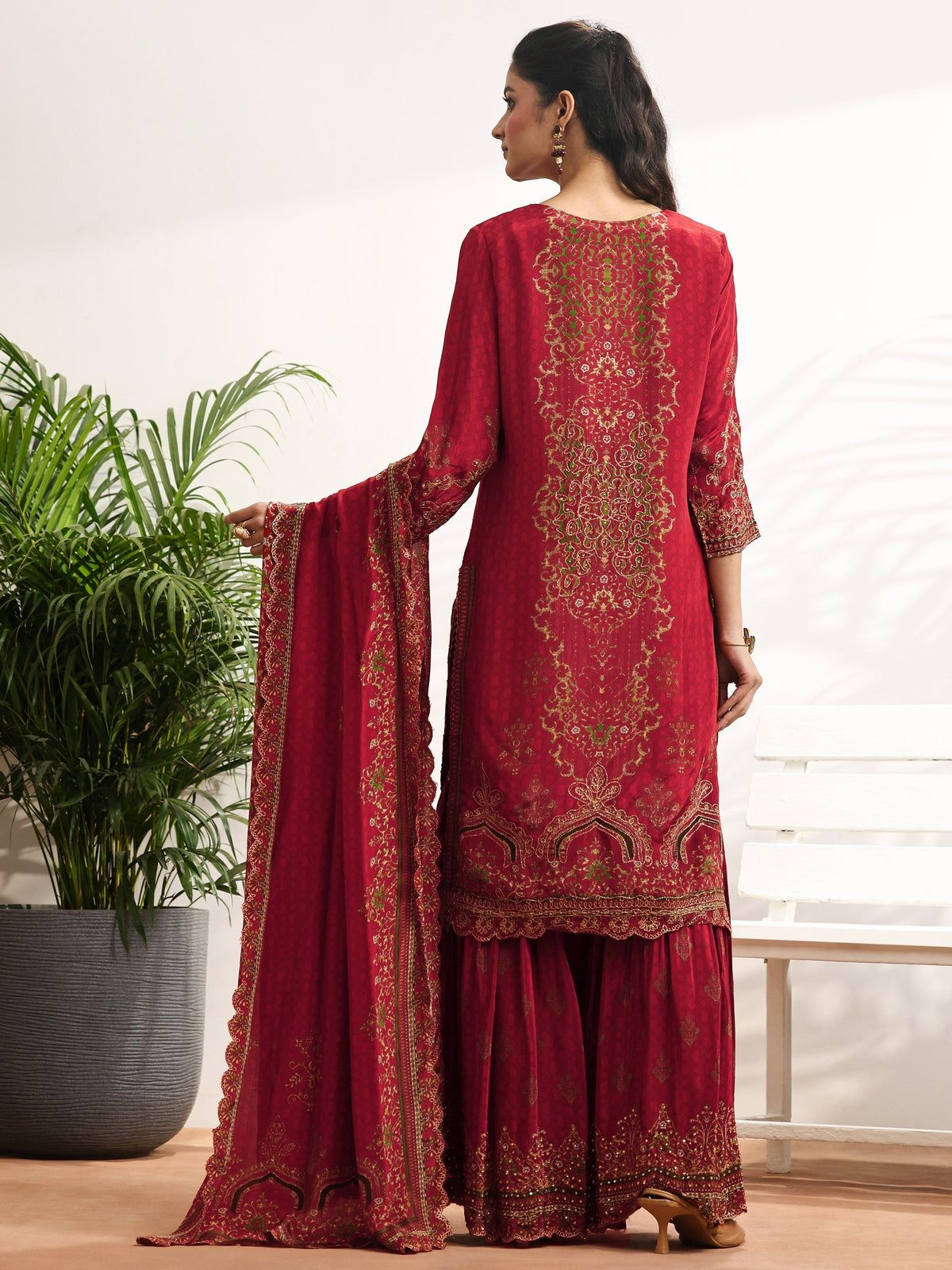 Libas Art Red Embellished Crepe Suit Set With Dupatta
