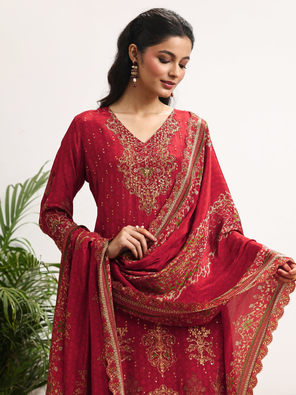 Libas Art Red Embellished Crepe Suit Set With Dupatta