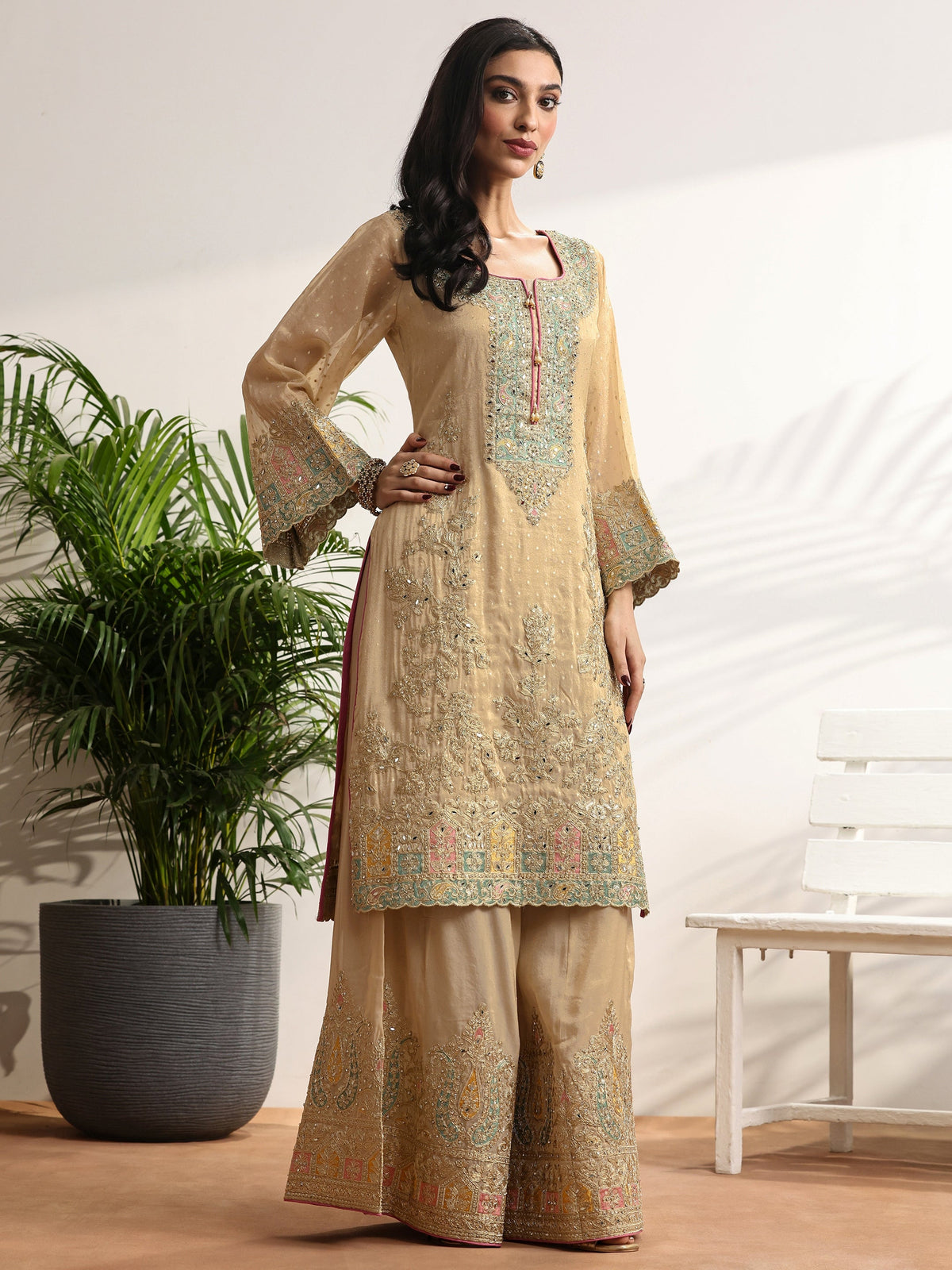 Libas Art Gold Embroidered Silk blend Suit Set With Dupatta