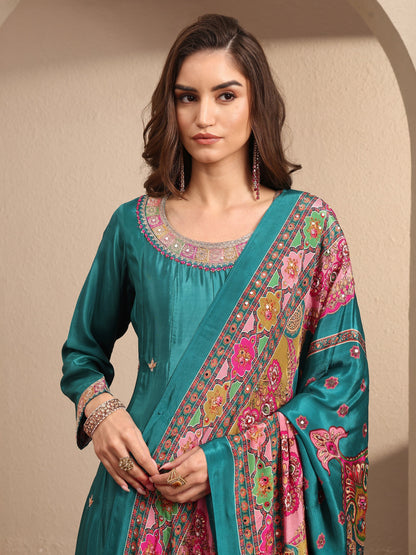 Libas Art Blue Embroidered Crepe Anarkali Suit Set With Dupatta
