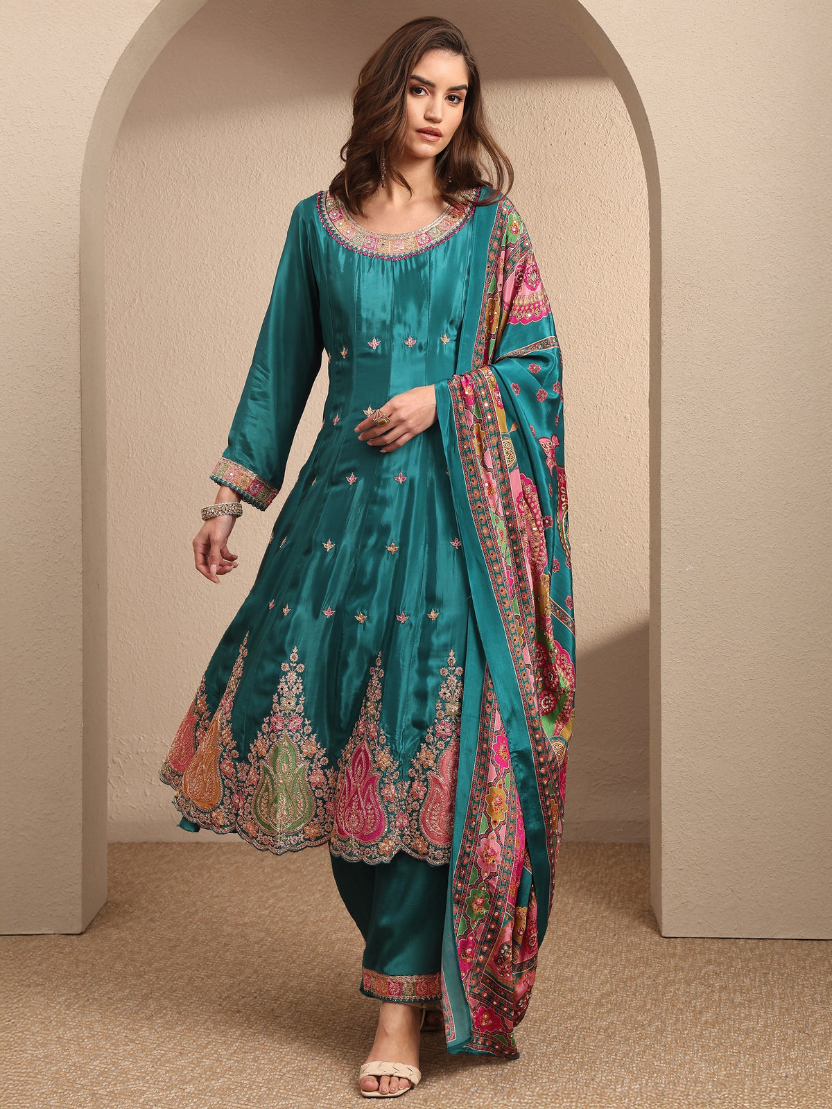 Libas Art Blue Embroidered Crepe Anarkali Suit Set With Dupatta
