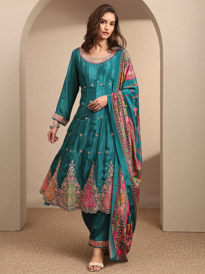 Libas Art Blue Embroidered Crepe Anarkali Suit Set With Dupatta