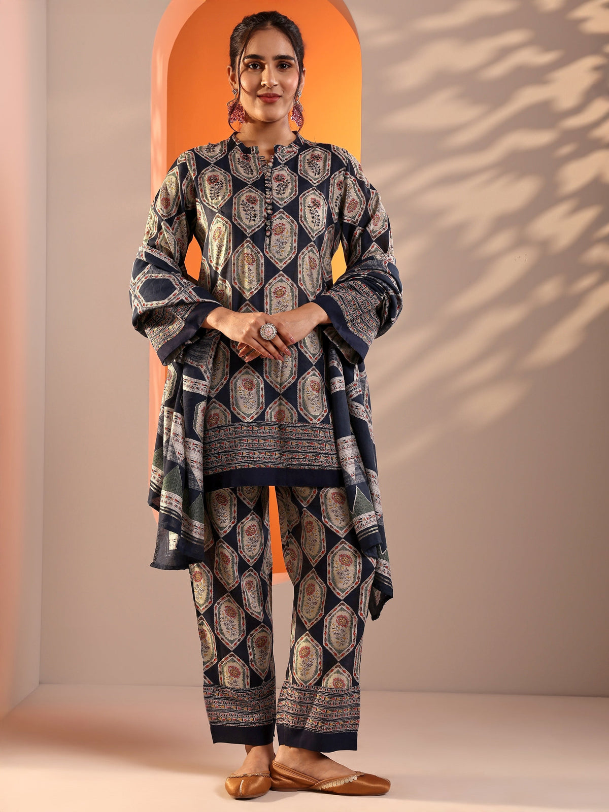 Libas Navy Blue Embellished Silk Blend Straight Suit Set With Dupatta