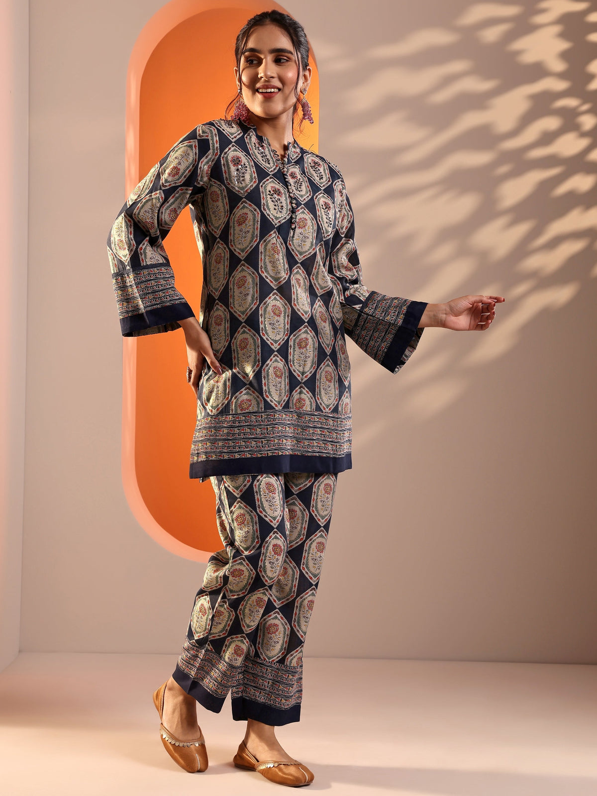 Libas Navy Blue Embellished Silk Blend Straight Suit Set With Dupatta