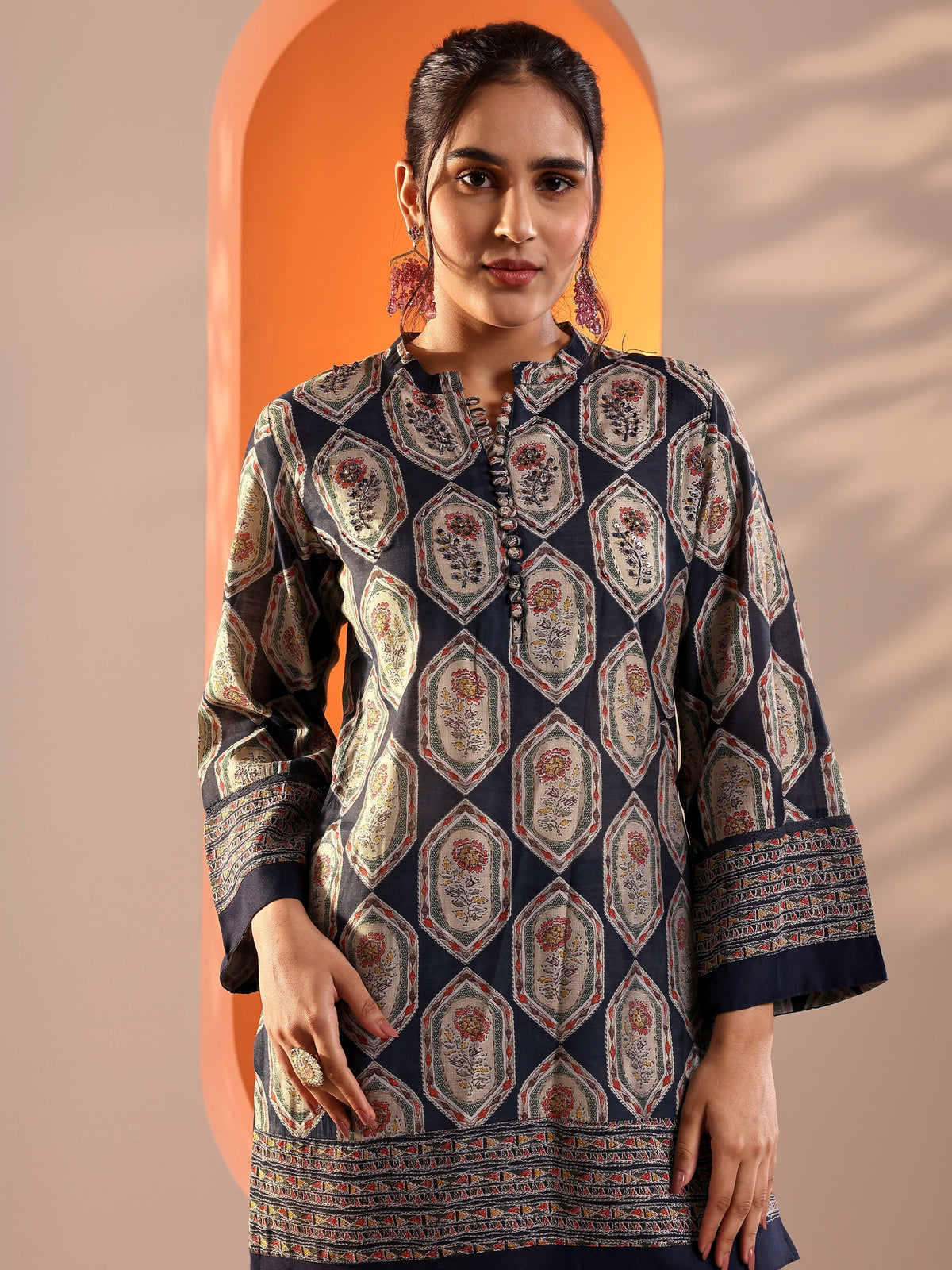Libas Navy Blue Embellished Silk Blend Straight Suit Set With Dupatta