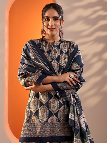 Libas Navy Blue Embellished Silk Blend Straight Suit Set With Dupatta