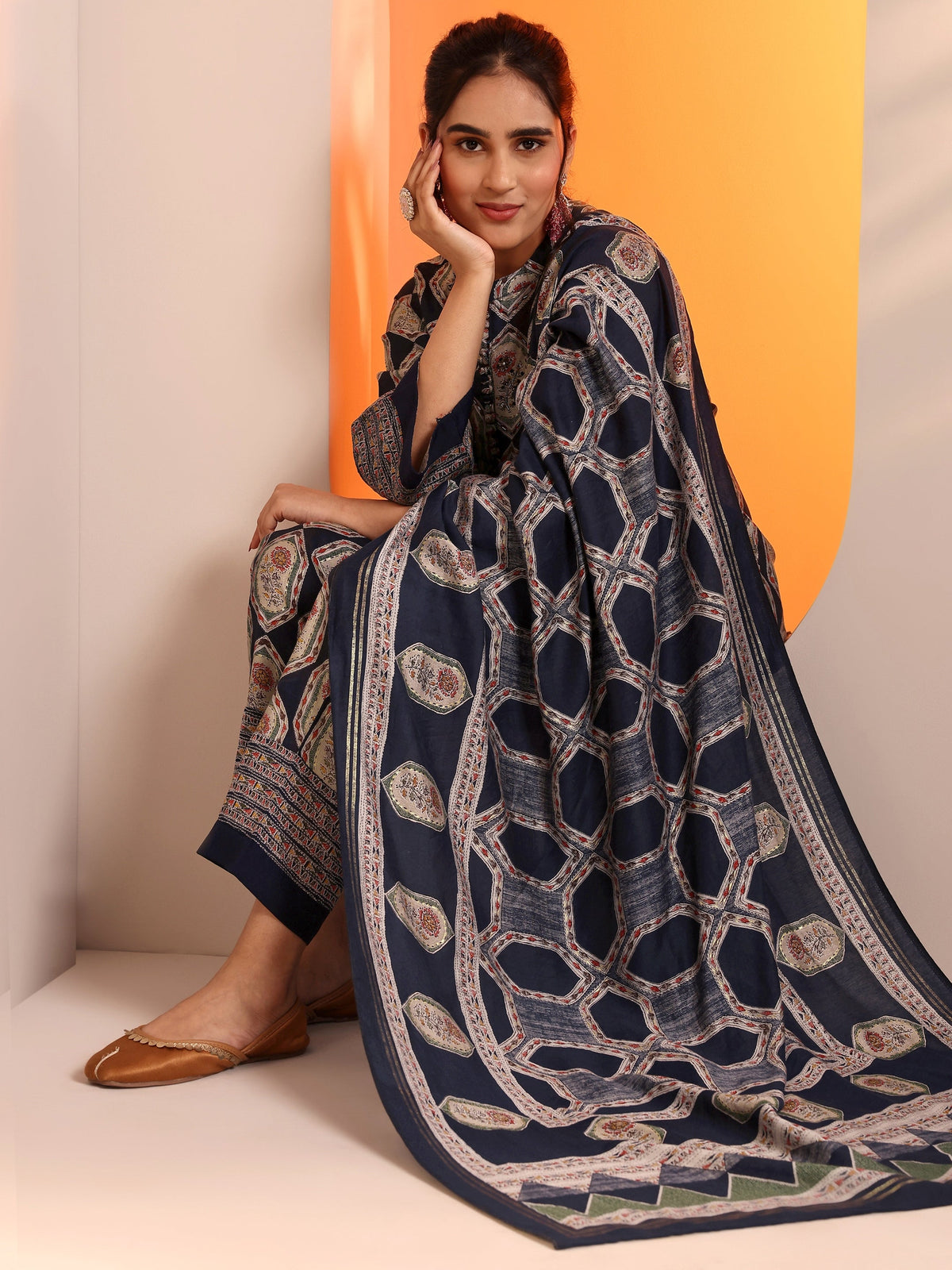 Libas Navy Blue Embellished Silk Blend Straight Suit Set With Dupatta