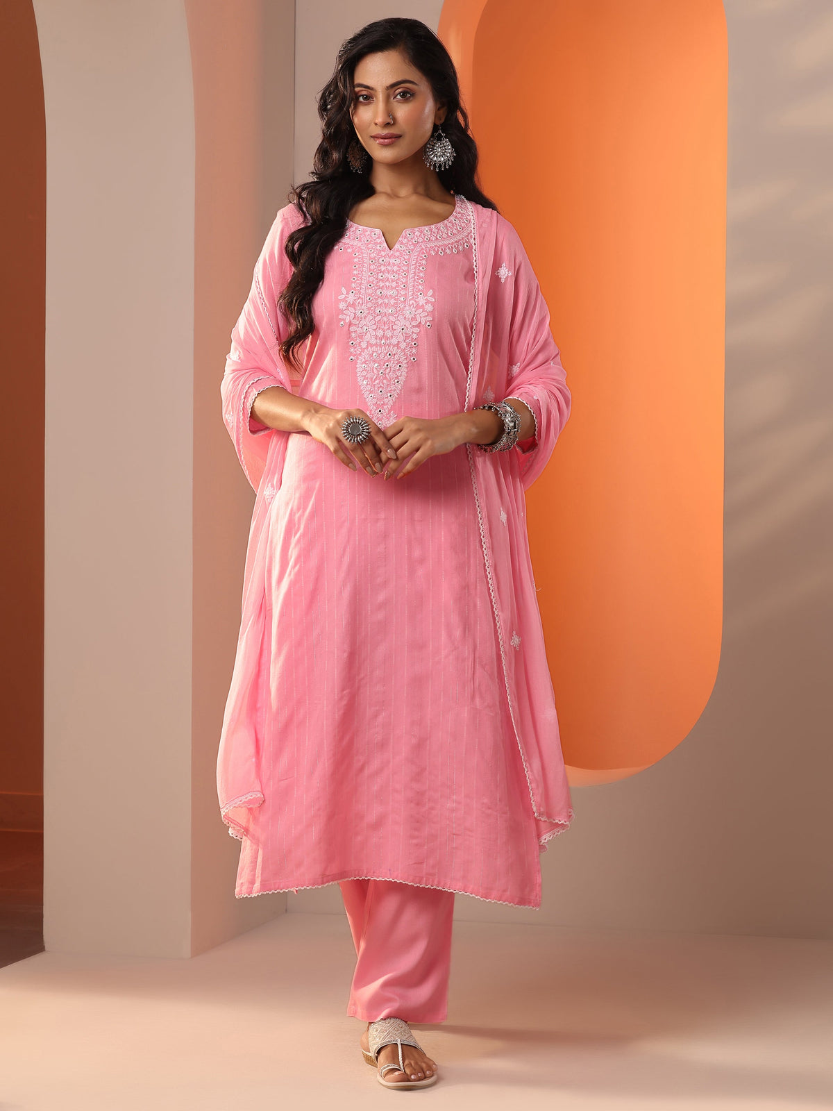 Libas Peach Embroidered Cotton Straight Suit Set With Dupatta