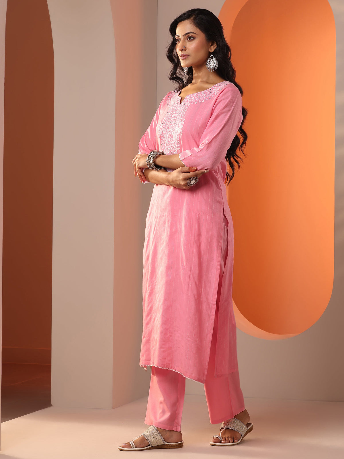 Libas Peach Embroidered Cotton Straight Suit Set With Dupatta