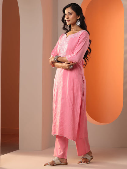 Libas Peach Embroidered Cotton Straight Suit Set With Dupatta