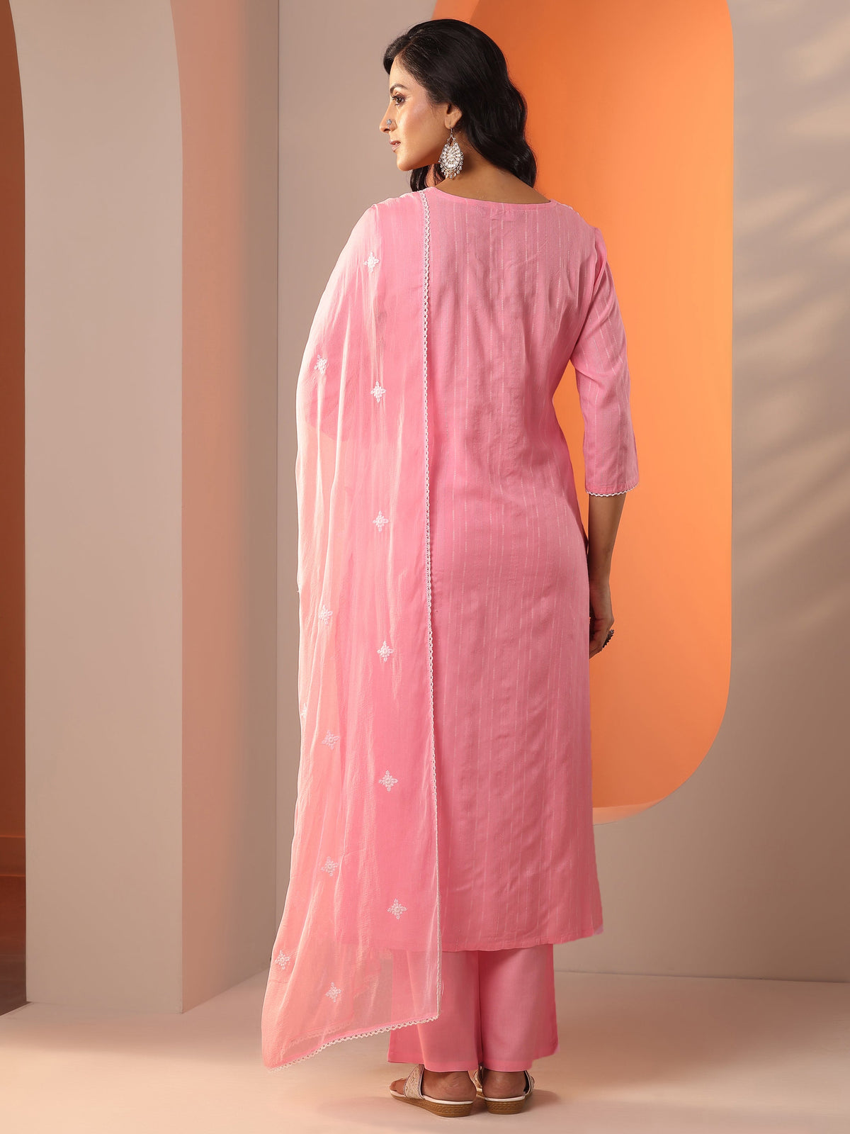 Libas Peach Embroidered Cotton Straight Suit Set With Dupatta