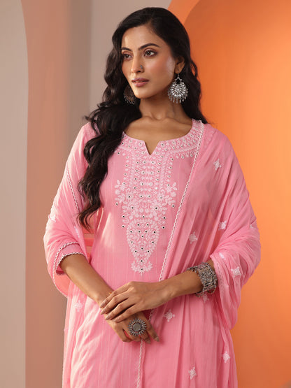 Libas Peach Embroidered Cotton Straight Suit Set With Dupatta