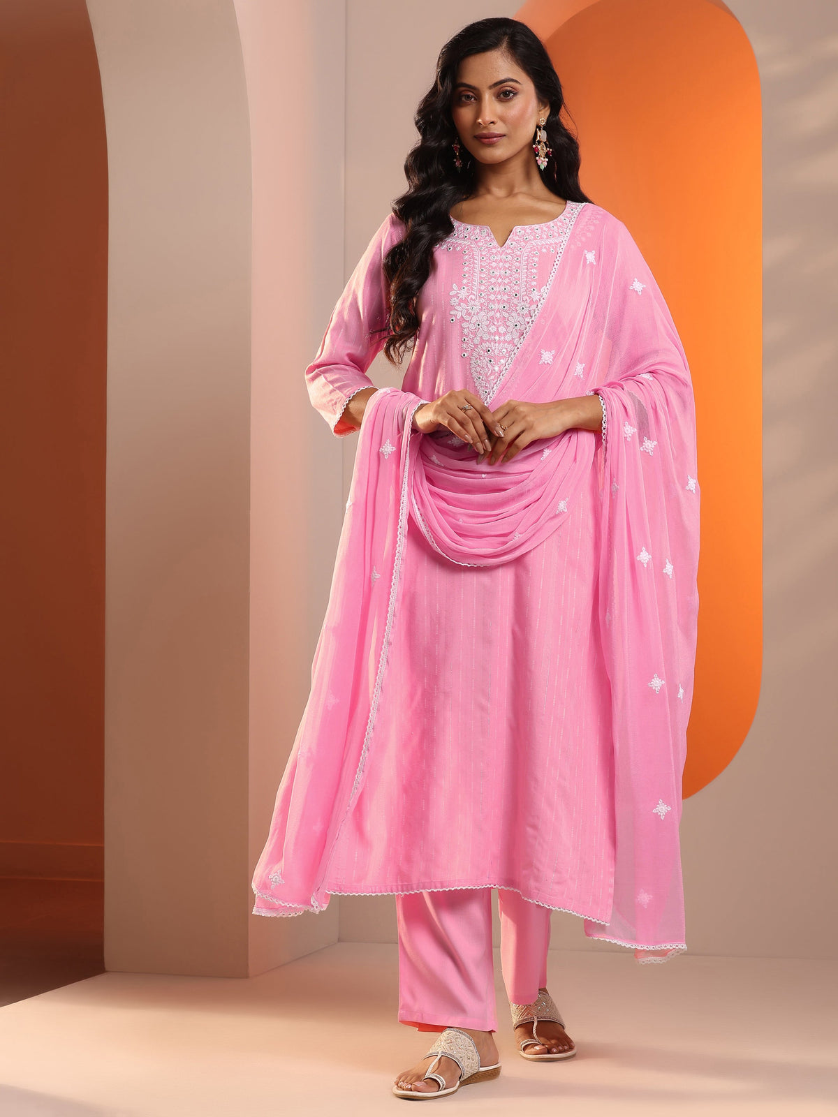 Libas Pink Embroidered Cotton Straight Suit Set With Dupatta