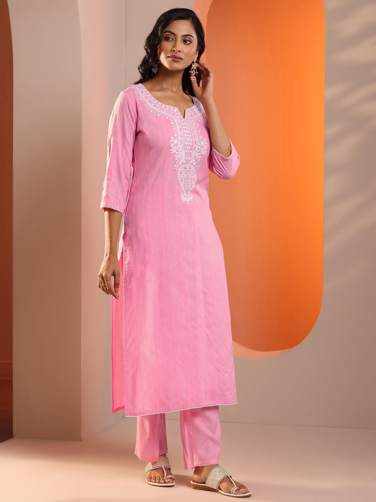 Libas Pink Embroidered Cotton Straight Suit Set With Dupatta