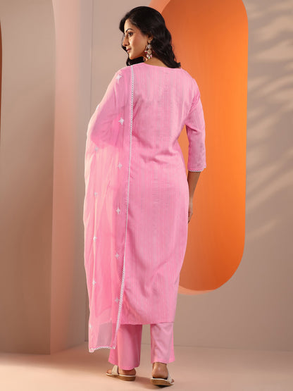 Libas Pink Embroidered Cotton Straight Suit Set With Dupatta