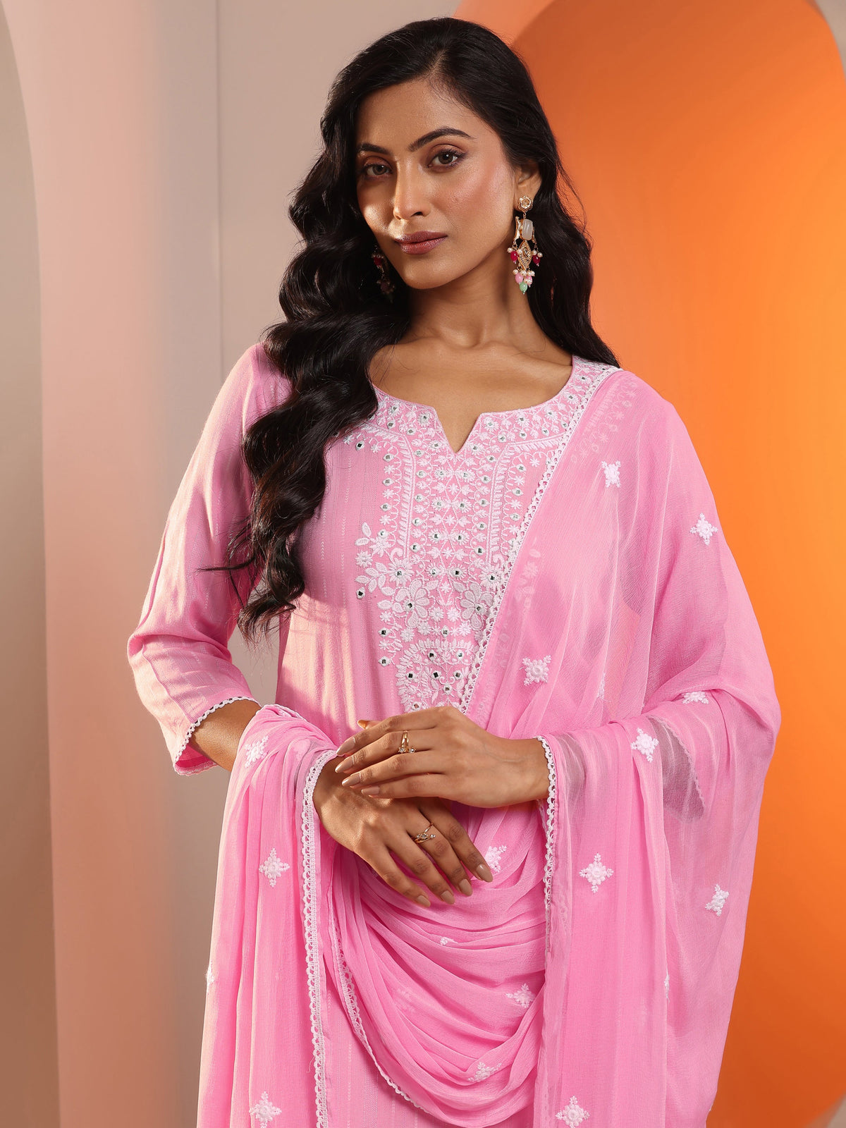 Libas Pink Embroidered Cotton Straight Suit Set With Dupatta