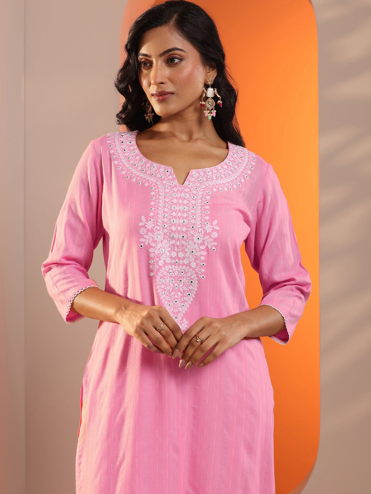 Libas Pink Embroidered Cotton Straight Suit Set With Dupatta