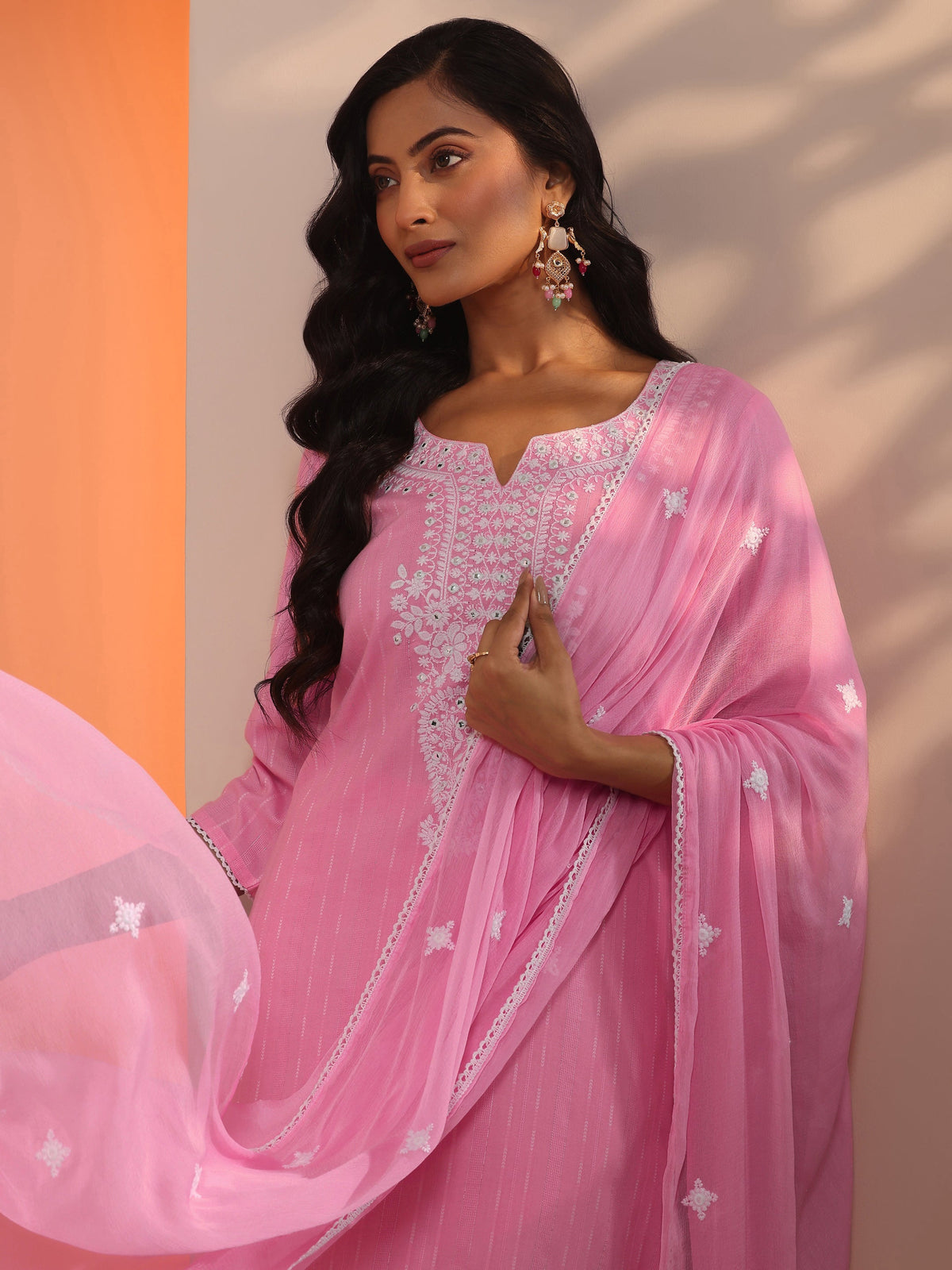 Libas Pink Embroidered Cotton Straight Suit Set With Dupatta
