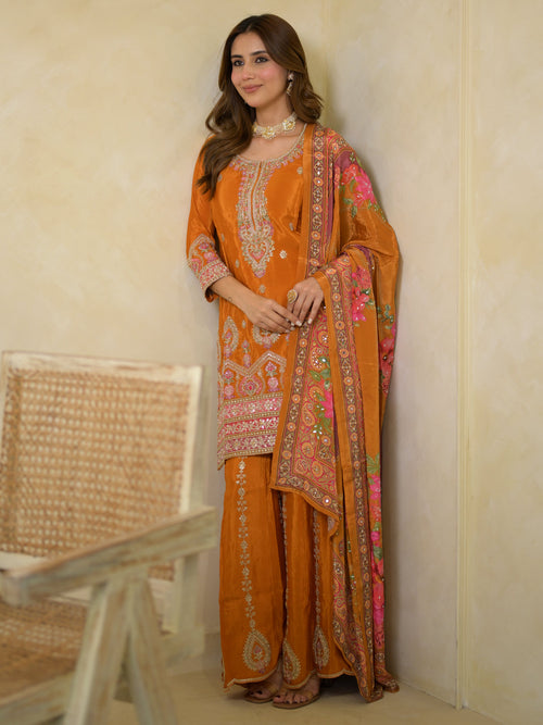 Libas Art Orange Embroidered Crepe Straight Suit Set With Dupatta