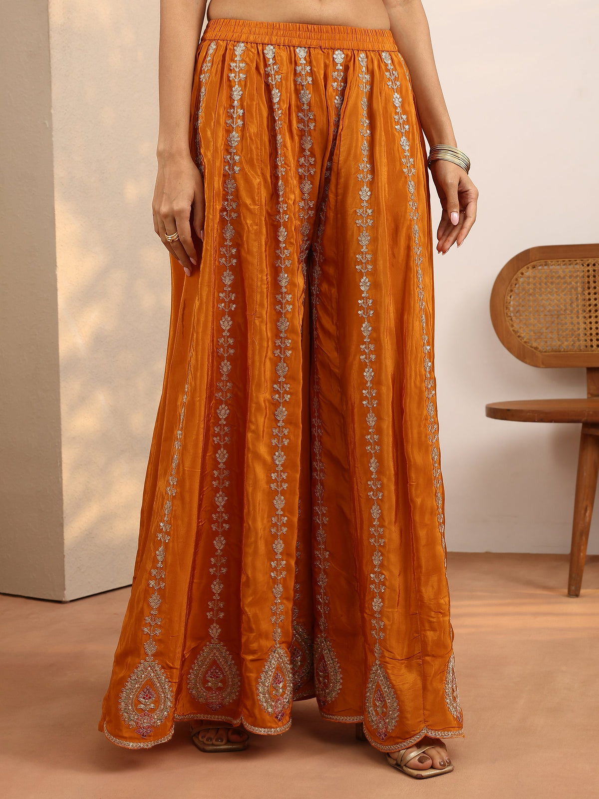 Libas Art Orange Embroidered Crepe Straight Suit Set With Dupatta