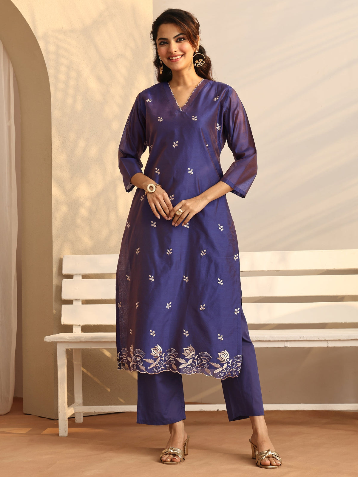 Libas Purple Embroidered Silk Blend Straight Suit Set With Dupatta