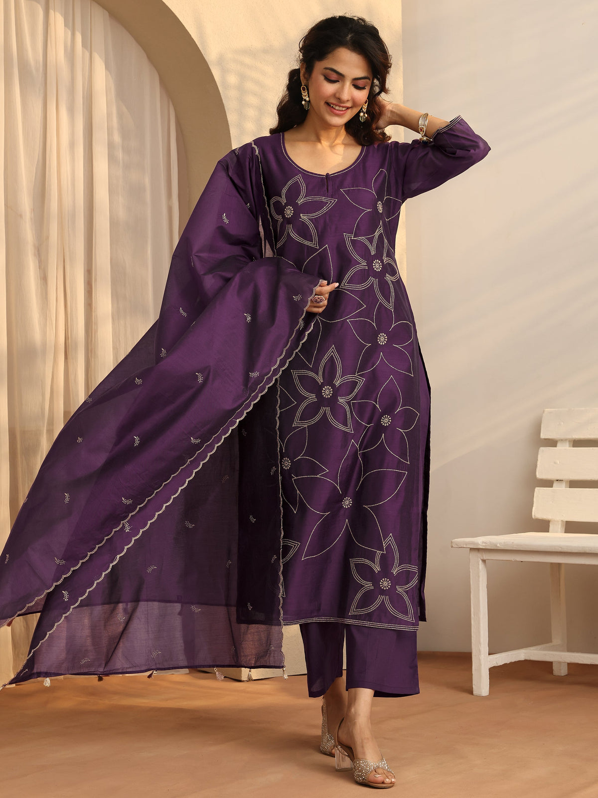 Libas Purple Printed Silk Blend Straight Suit Set With Dupatta