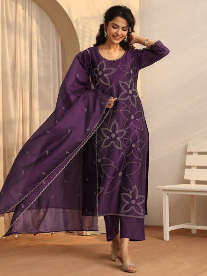 Libas Purple Printed Silk Blend Straight Suit Set With Dupatta