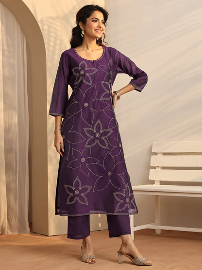 Libas Purple Printed Silk Blend Straight Suit Set With Dupatta