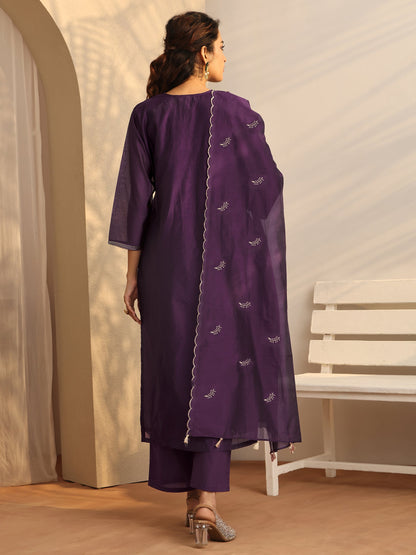 Libas Purple Printed Silk Blend Straight Suit Set With Dupatta