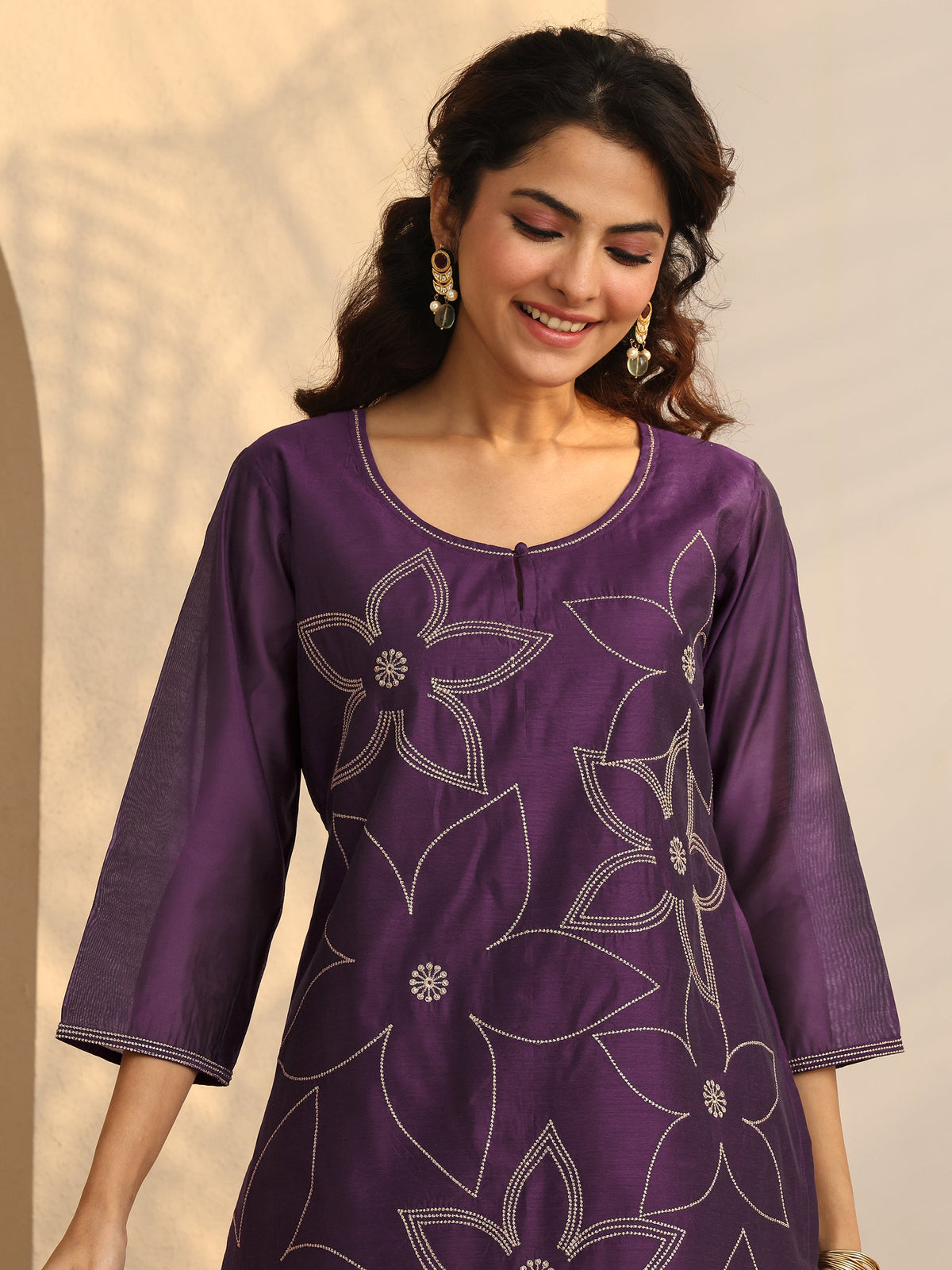 Libas Purple Printed Silk Blend Straight Suit Set With Dupatta