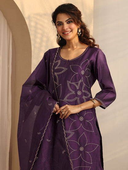 Libas Purple Printed Silk Blend Straight Suit Set With Dupatta