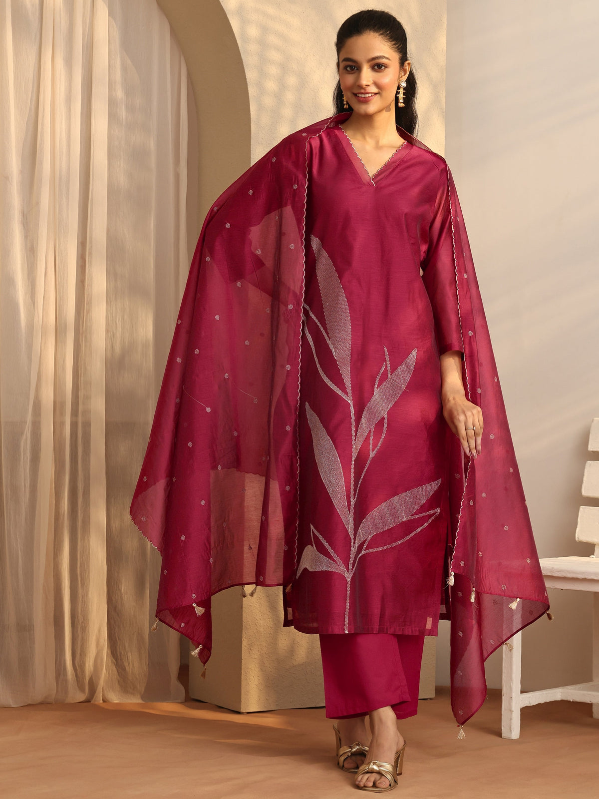 Libas Maroon Embellished Silk Blend Straight Suit Set With Dupatta