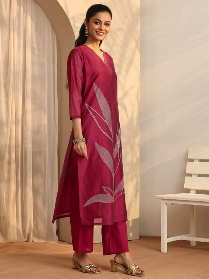 Libas Maroon Embellished Silk Blend Straight Suit Set With Dupatta