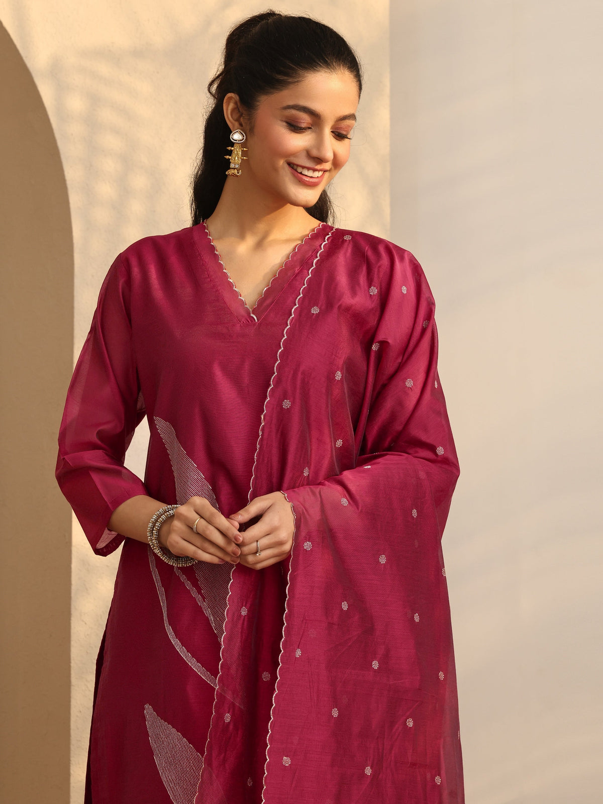 Libas Maroon Embellished Silk Blend Straight Suit Set With Dupatta