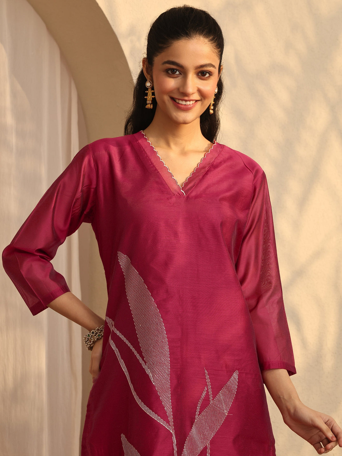 Libas Maroon Embellished Silk Blend Straight Suit Set With Dupatta