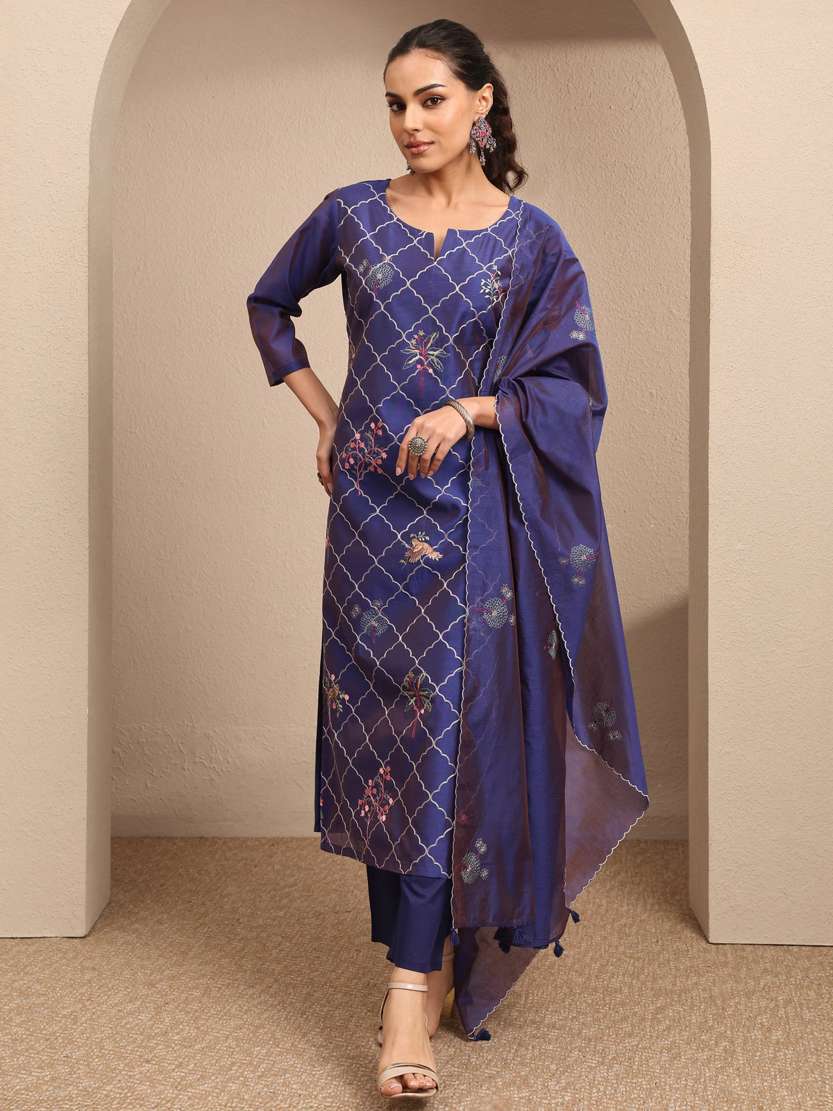 Libas Purple Embroidered Silk Blend Straight Suit Set With Dupatta