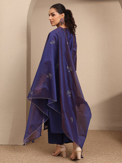 Libas Purple Embroidered Silk Blend Straight Suit Set With Dupatta