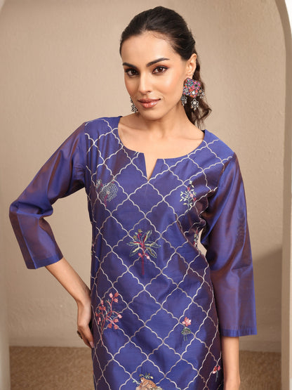 Libas Purple Embroidered Silk Blend Straight Suit Set With Dupatta