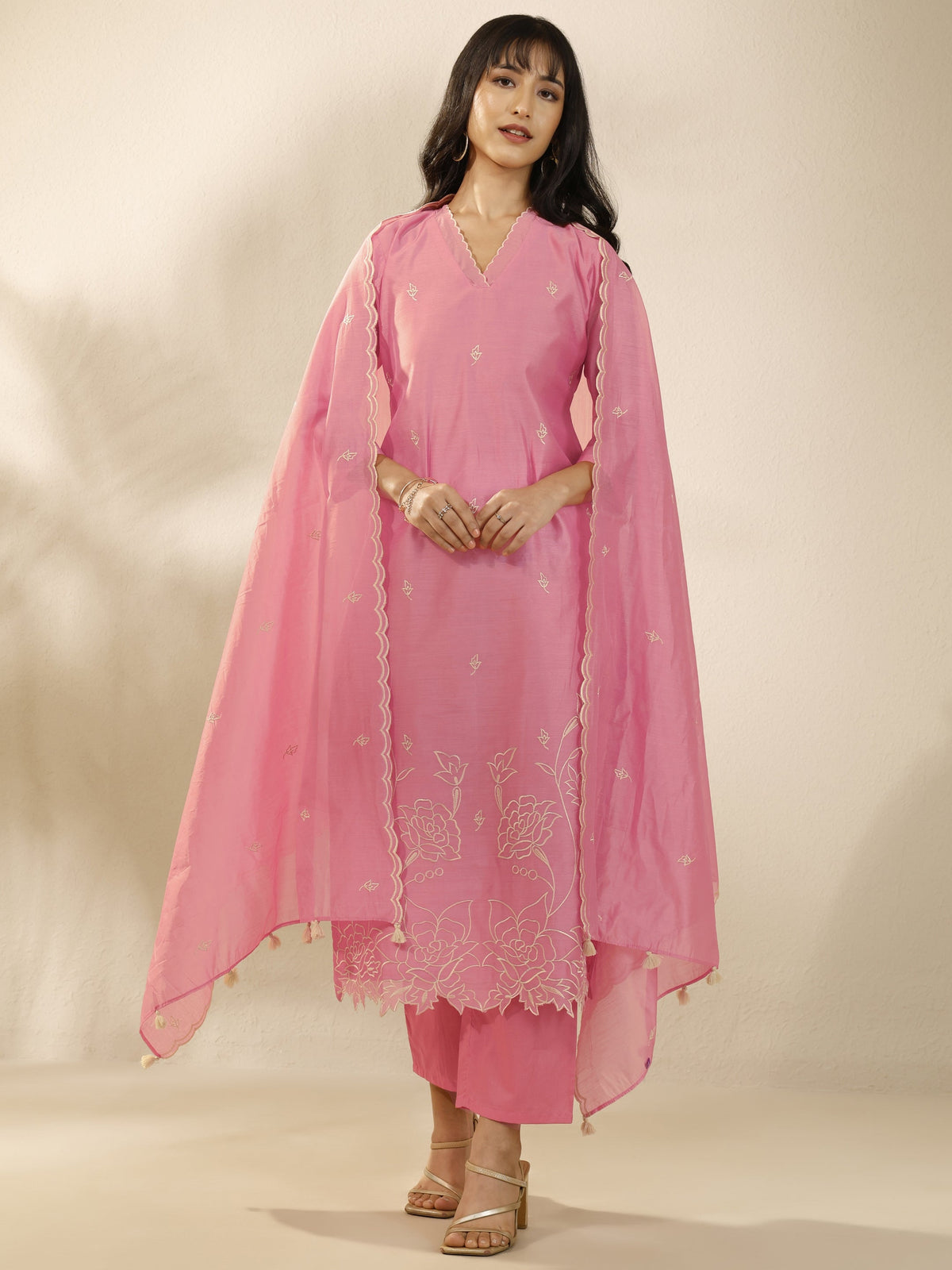 Libas Peach Embroidered Silk Blend Straight Suit Set With Dupatta