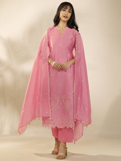 Libas Peach Embroidered Silk Blend Straight Suit Set With Dupatta