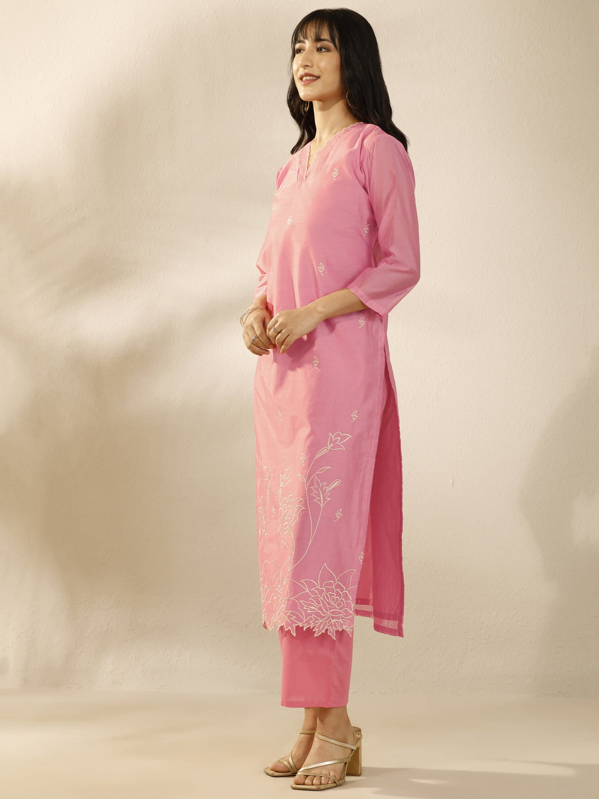Libas Peach Embroidered Silk Blend Straight Suit Set With Dupatta