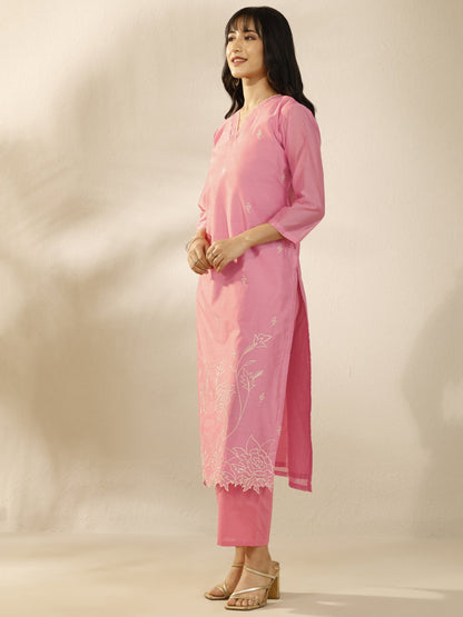 Libas Peach Embroidered Silk Blend Straight Suit Set With Dupatta